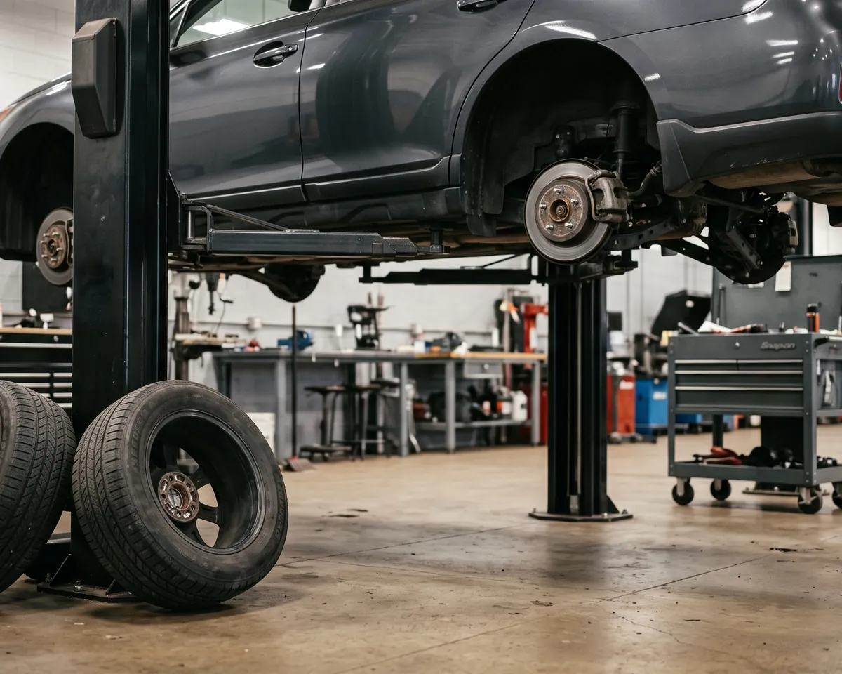A bay in Indianapolis with a vehicle on the lift and all four wheels off